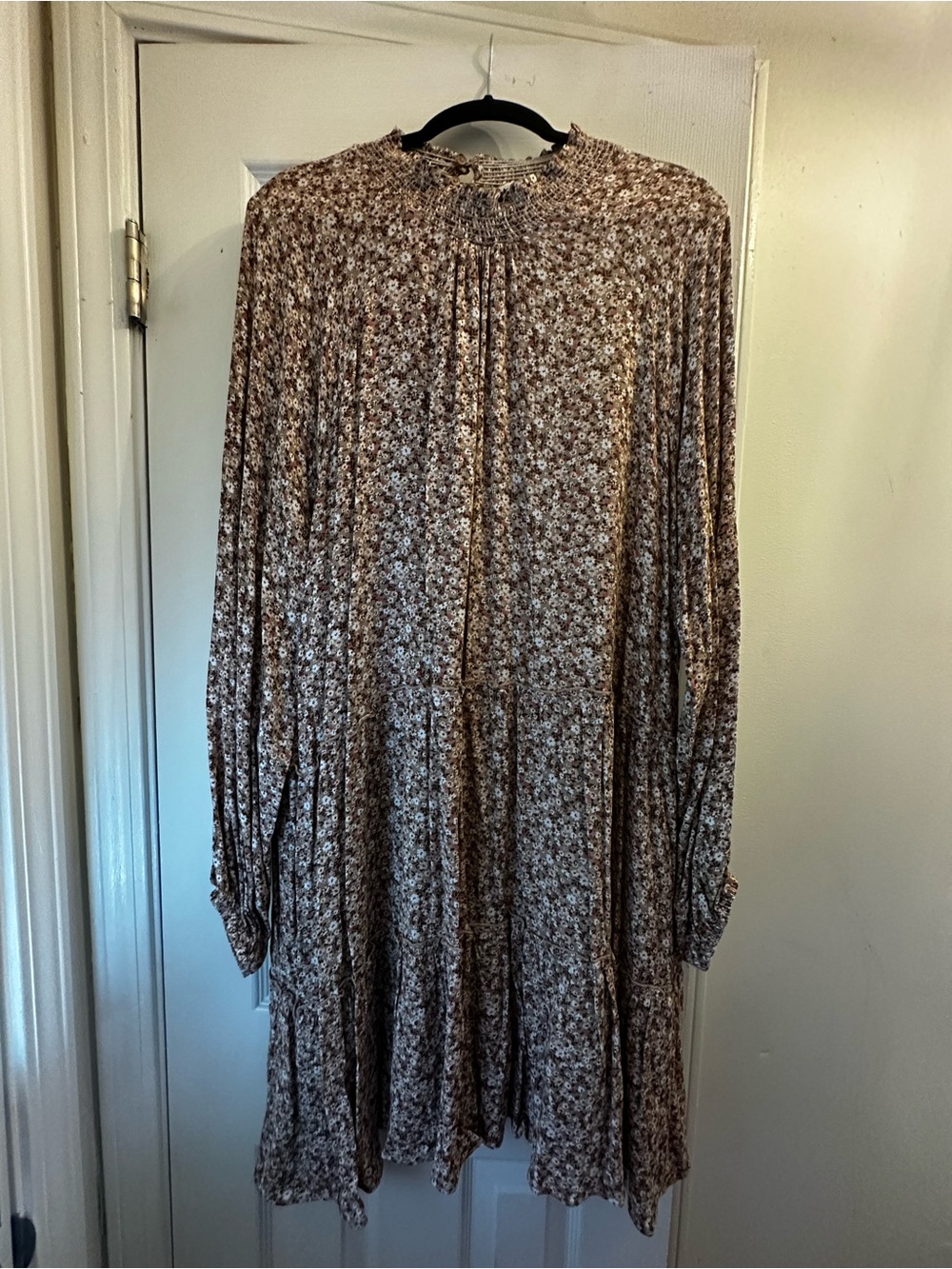 ARULA Brown Floral Long-Sleeve Smocked Neck Midi Dress